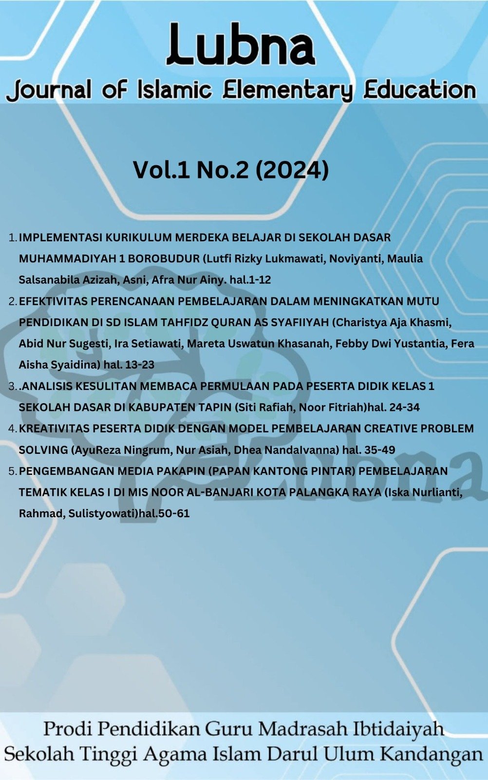 					View Vol. 1 No. 2 (2024): Lubna : Journal of Islamic Elementary Education
				